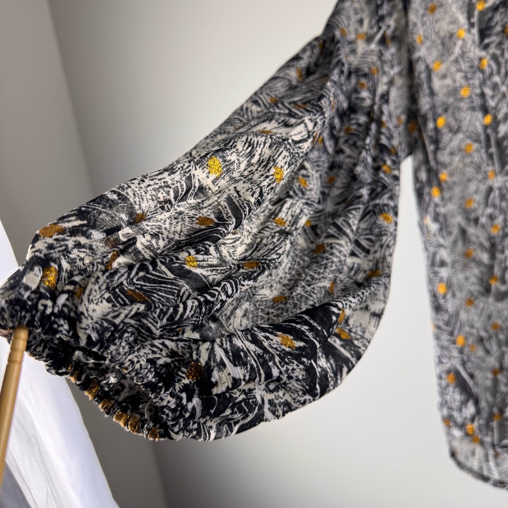 Love stitch long sleeve bohemian boho peasant blouse gold metallic print Sz S - Picture 8 of 15